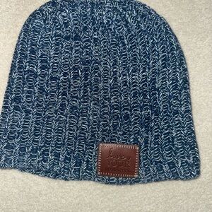 Blue Knit Beanie with Leather Patch